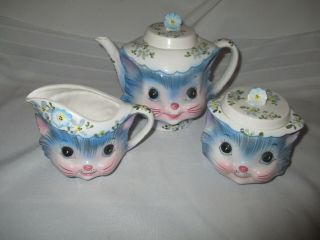 Vintage Lefton Miss Priss Kitty Cat Teapot W Lid,  Creamer & Sugar W Lid Look