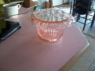 Old Colony Lace Edge Pink Flower Bowl With Crystal Frog
