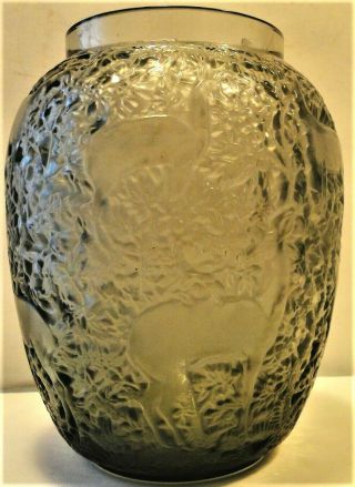 Antique Rene Lalique Biches / Deer Vase Gray Frosted Glass Signed Flawless 1930