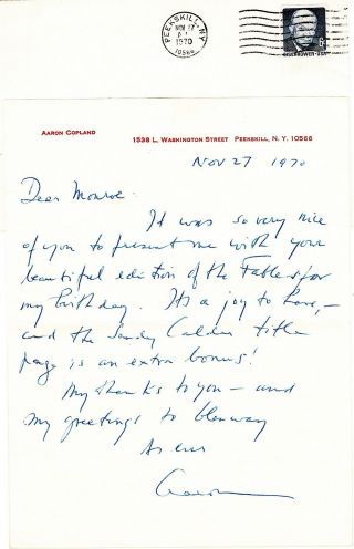AARON COPLAND AUTOGRAPH LETTER SIGNED - DEAN OF AMERICAN COMPOSERS 2