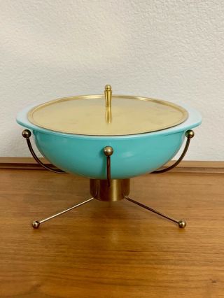 Rare Vintage Pyrex Ufo Turquoise Casserole 024 W/ Warming Stand & Lid Htf