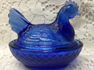 Blue Vaseline Glass Hen Chicken On Nest Basket Candy Dish Rooster Cobalt Uranium
