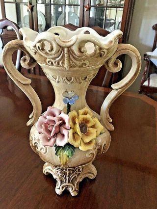 Vintage Capodimonte Porcelain Two Handled Vase Made In Italy