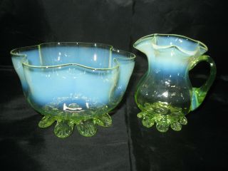 Antique English Art Glass Set T Webb Or Stevens & Williams Opalescent Vaseline