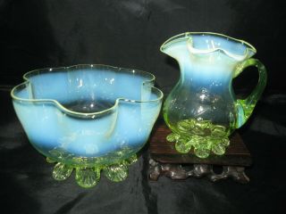 Antique English Art Glass Set T Webb or Stevens & Williams Opalescent Vaseline 2