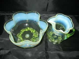 Antique English Art Glass Set T Webb or Stevens & Williams Opalescent Vaseline 3
