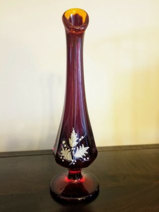 Fenton Art Glass Ruby Red/amberina Top Artist Signed Hand Painted Bud Vase
