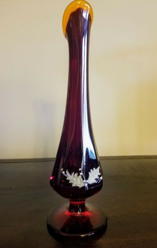 FENTON ART GLASS RUBY RED/AMBERINA TOP ARTIST SIGNED HAND PAINTED BUD VASE 2