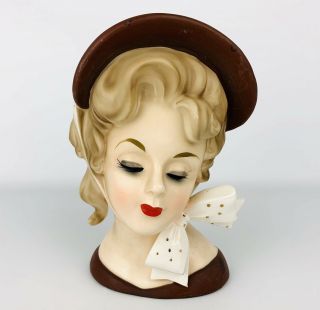 Vintage 7” Lady Head Vase 4258 Brown Bonnet Hat White & Gold Bow Red Lips Japan