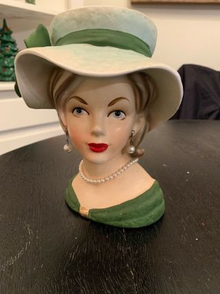 Rare Vintage Relpo K1679 Lady Head Vase 7.  5” Green Dress Bow Pearls