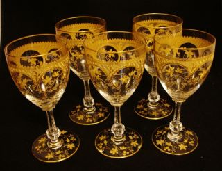 Five Saint Louis Gilt Etched Cut Glass Water Goblets