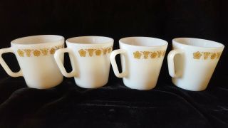 Set Of 4 Vintage Pyrex Corning Coffee Cups Mugs Butterfly Gold D Handle 1410
