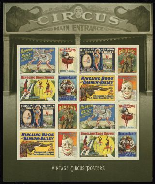 Us 4898 - 4905 4905a Vintage Circus Posters Perf Sheet Of 16 Vf Nh Mnh