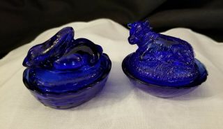 Vintage Cobalt Blue Glass Mini Cow & Rabbit On A Nest Dishes 2 "