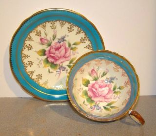 Aynsley Cup & Saucer Large Pink Rose On Turquoise Blue & Cream W/ Gold