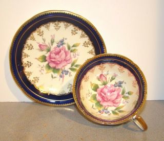 Aynsley Cup & Saucer Large Pink Rose On Cobalt Blue & Cream W/ Gold