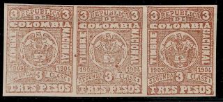 Colombia 1903 Over 115 Years Old Strip Of 3 Imperf Revenue Stamps - Coat Of Arms