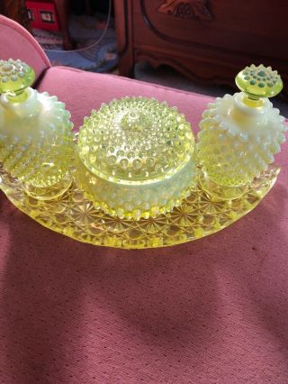 Fenton Glass Topaz Opalescent Hobnail Perfume Vanity Set With Tray