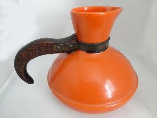 Large Vintage Catalina Island Pottery Toyon Red Rancho Carafe,  Wood Handle