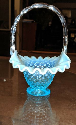 Fenton Hobnail Blue Opalescent Basket,  6 ",  Vintage Uranium Glass