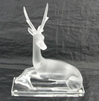 Signed French Lalique Frosted Clear Base Crystal Antelope Statue Figurine 10.  5 "