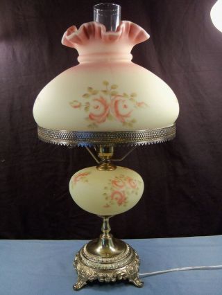 Fenton Louise Piper Burmese Glass Hand Painted Electric Student Lamp Pink Roses