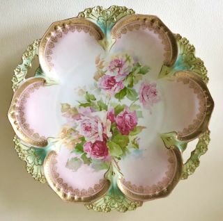 Antique Rs Prussia Porcelain Red Pink Roses Two Handled Green Cake Serving Plate