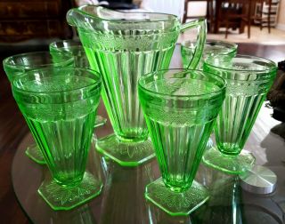 Pristine Jeannette Uranium Green Glass Adam 7 Pc Lemonade Or Ice Tea Set