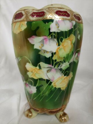 Vintage Nippon Vase Hand Painted Floral Beaded/jeweled Gold Moriage 8 "