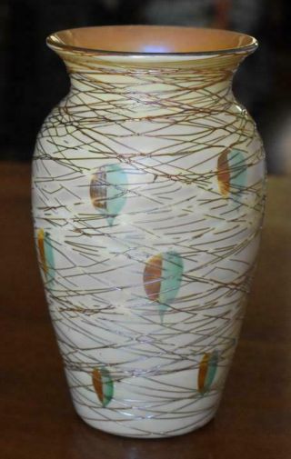 Antique Signed Durand Art Glass Copper Threaded Yellow Heart Vase Iridescent Int