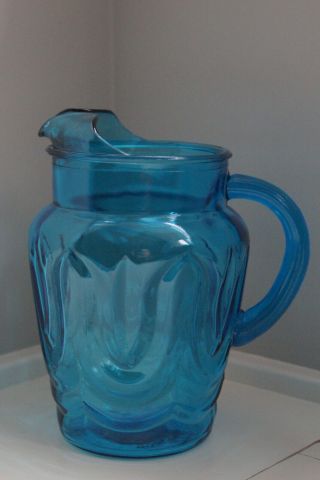 Vintage Anchor Hocking " Colonial Tulip " Laser Peacock Blue 9 " Tall Water Pitcher