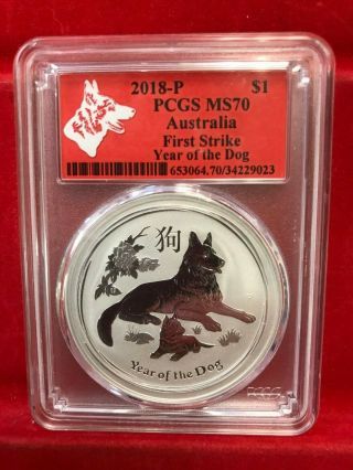 Pcgs 2018 P 1 Ounce Silver Year Of The Dog Unc Ms70 Fs Red Label