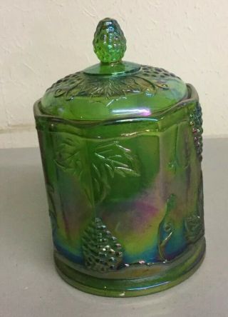 Green Carnival Glass Candy/cookie Jar Harvest Grape Design Canister With Lid