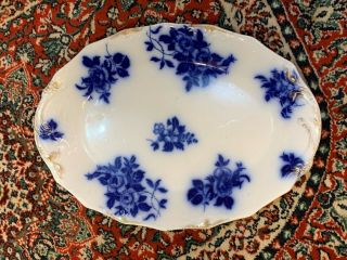 Gironde Grindley Flow Blue White Gold Floral Oval Platter Serving 1890s Tray