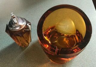 Vintage Viking Art Glass Large Ashtray & Table Lighter Amber Tripod Orb Mcm