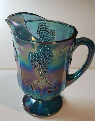 Vintage Blue Harvest Grapes Carnival Glass Pitcher.  Pre - Owned.