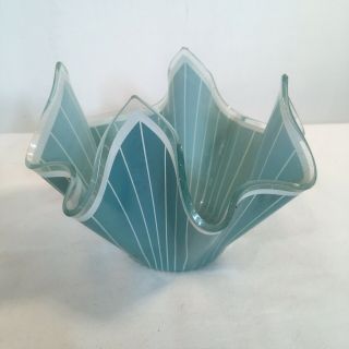 Glass Handkerchief Vase Posy Bowl Blue White Stripes 10cm High