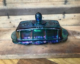 Vintage Blue Carnival Glass Indiana Harvest Grape Iridescent Butter Dish Mermaid