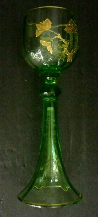 Antique Enameled Gilt Bohemian Moser 10 " Hand Blown Green Glass Wine Goblet