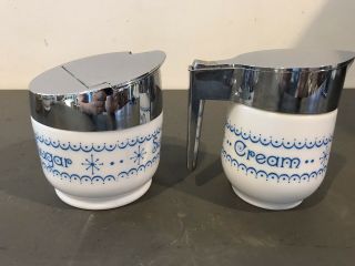 Vintage Pyrex Correlle Gemco Snowflake Blue Garland Sugar & Creamer Set