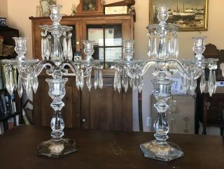 2 Heisey Colonial Old Williamsburg 3 Light Glass 20” Candelabras Pair Prisms
