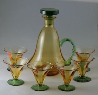 Antique Vintage Art Deco Liquor Glass Set Decanter And Six Glasses C.  1930
