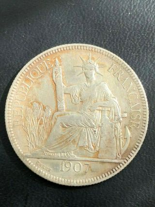 1907 - A French Indo - China 1 Piastre Silver Trade Dollar France Paris Crown 2