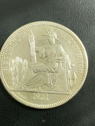 1921 No Mark French Indo - China 1 Piastre Silver Trade Dollar France Crown