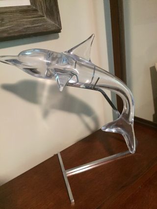Daum France Crystal Art Glass Large Dolphin On Metal Stand
