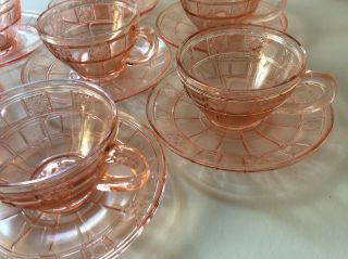 Vintage 1930’s Pink Depression Glass “doric” Pattern Set Of 7 Cups & Saucers