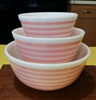 Htf Vintage Pyrex Pink Stripes Mixing Bowl Set