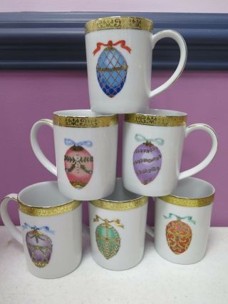 6 Gold Buffet Mugs,  Royal Gallery Faberge Egg Porcelain Cups Federated Stores
