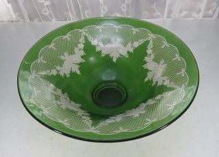Vintage Large Green Glass Bowl Cup Leaves Flowers Décor Fruit Tray