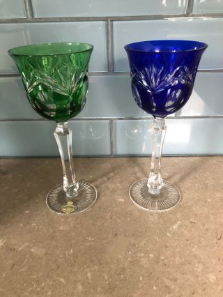 2 Nachtmann Bleikristall Blue Green Cut To Clear Wine Glasses -